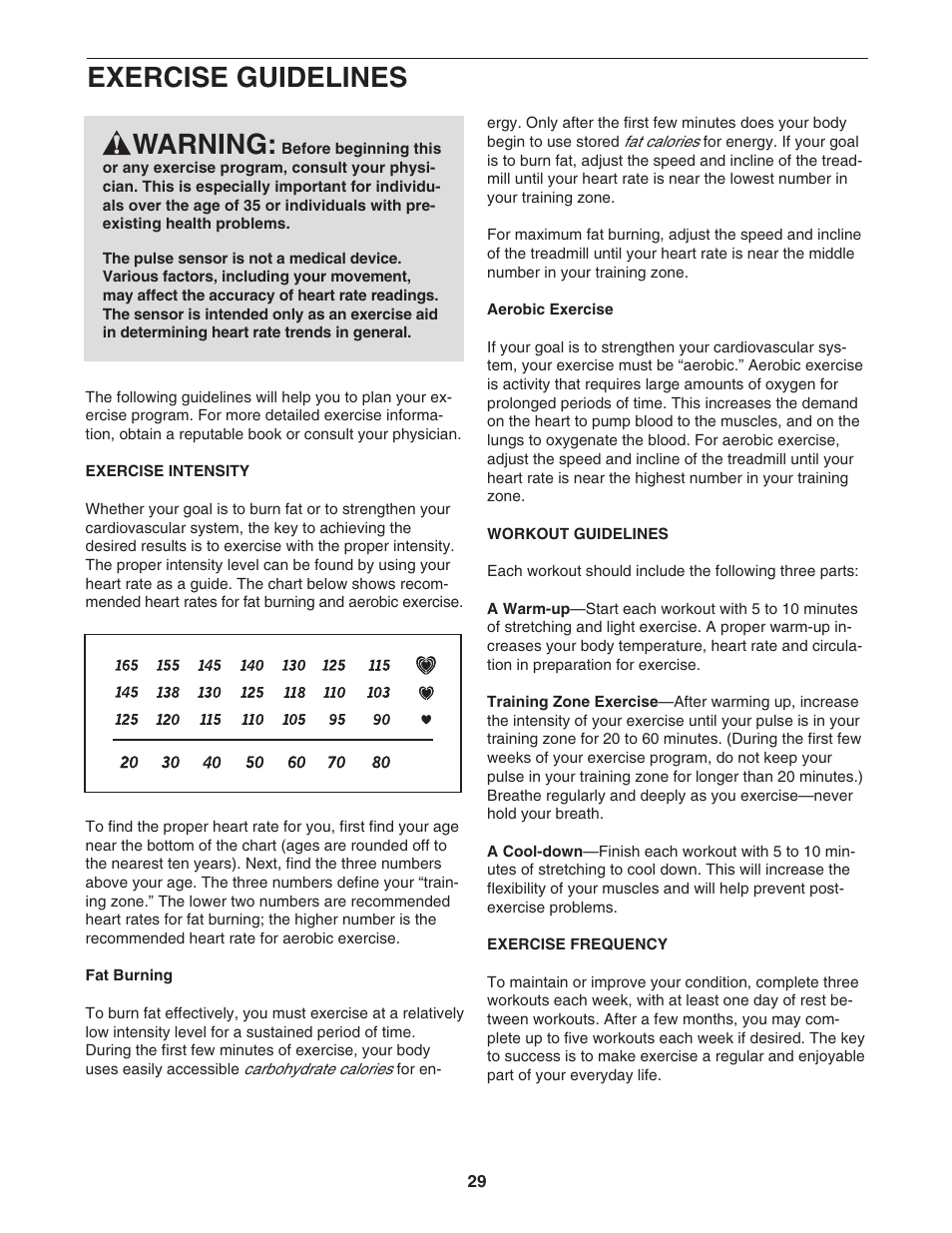 Exercise guidelines, Warning | NordicTrack A2105 NTL06907.0 User Manual | Page 29 / 36