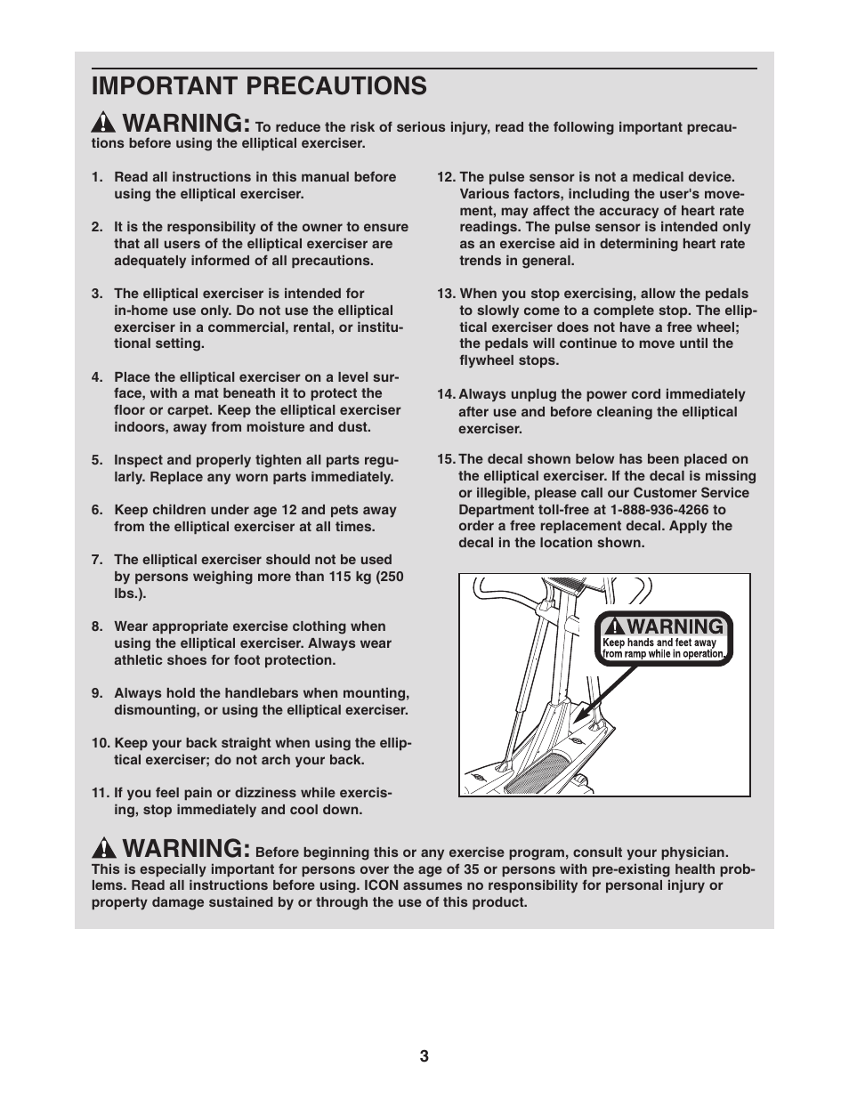 Important precautions warning, Warning | NordicTrack NCCEL09940 User Manual | Page 26 / 28