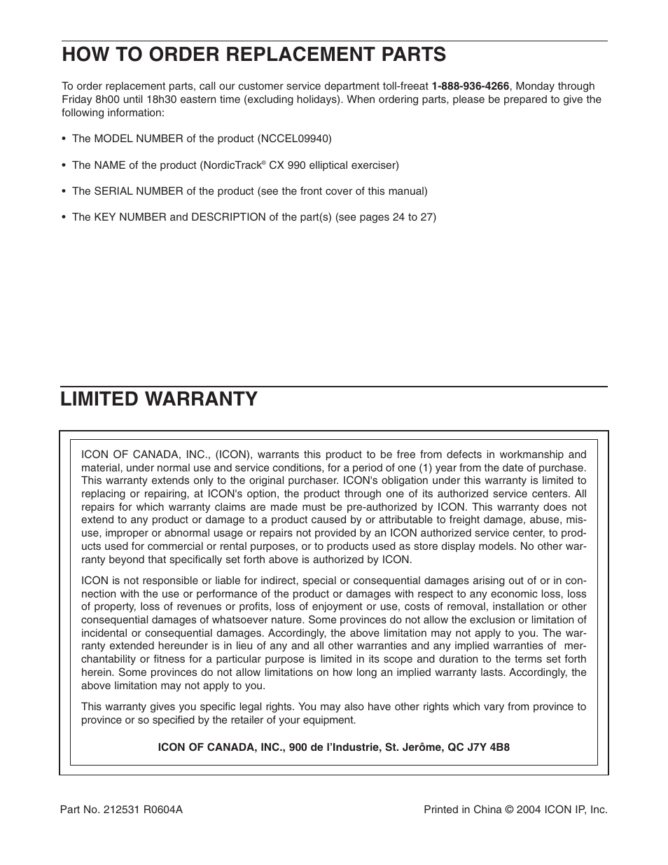 How to order replacement parts, Limited warranty | NordicTrack NCCEL09940 User Manual | Page 28 / 28