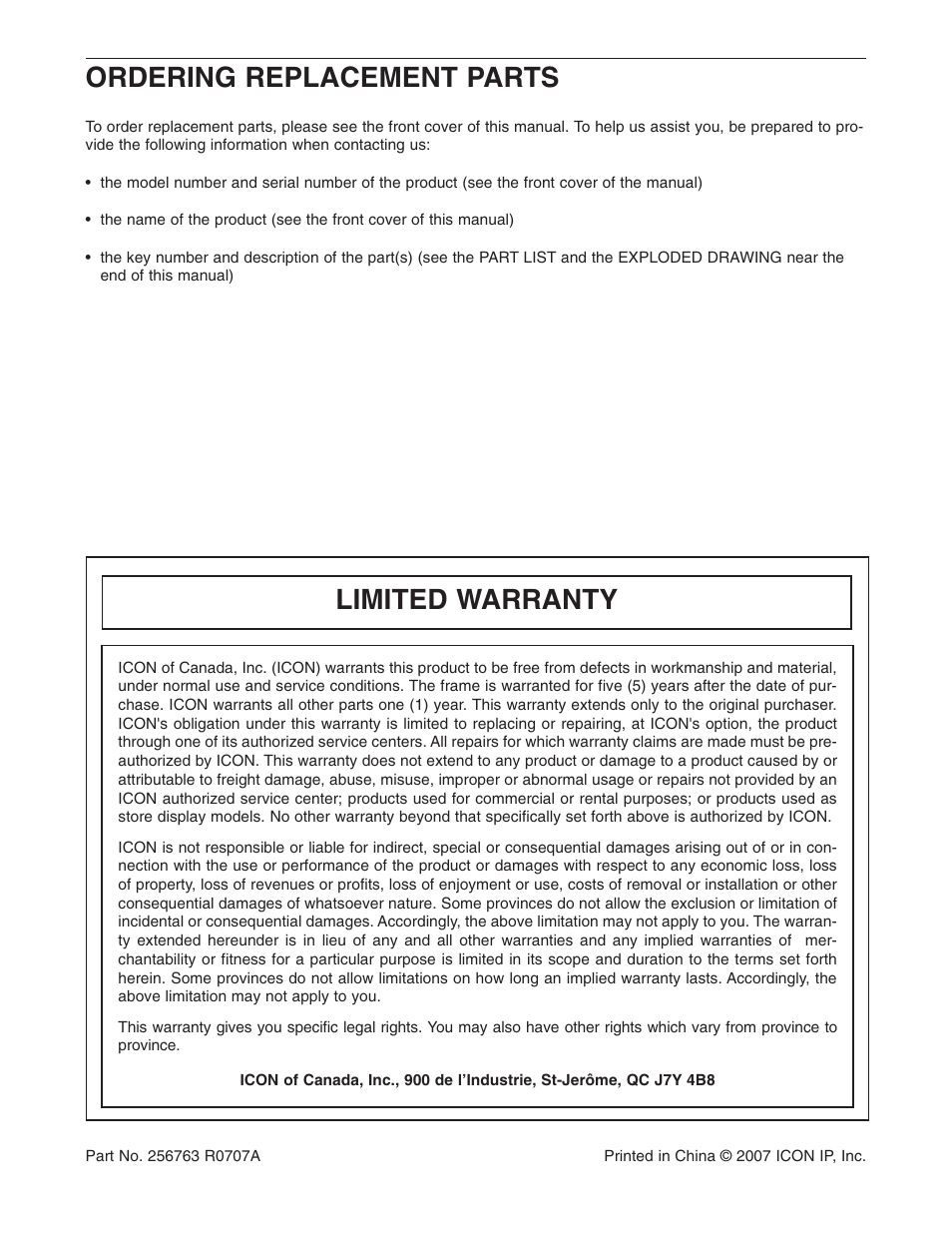 Ordering replacement parts, Limited warranty | NordicTrack PT3 NTCCSY9897.0 User Manual | Page 20 / 20
