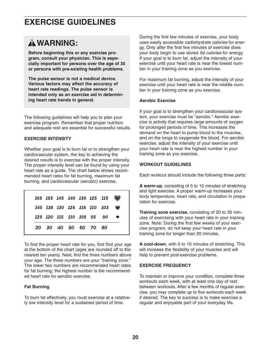 Exercise guidelines, Warning | NordicTrack AudioStrider 30725.0 User Manual | Page 20 / 28