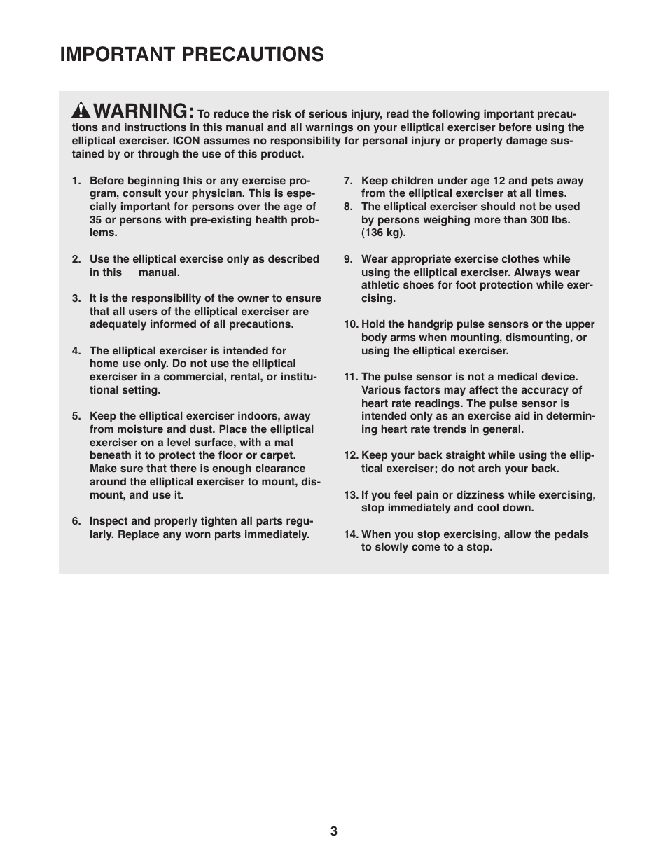 Warning, Important precautions | NordicTrack AudioStrider 30725.0 User Manual | Page 3 / 28