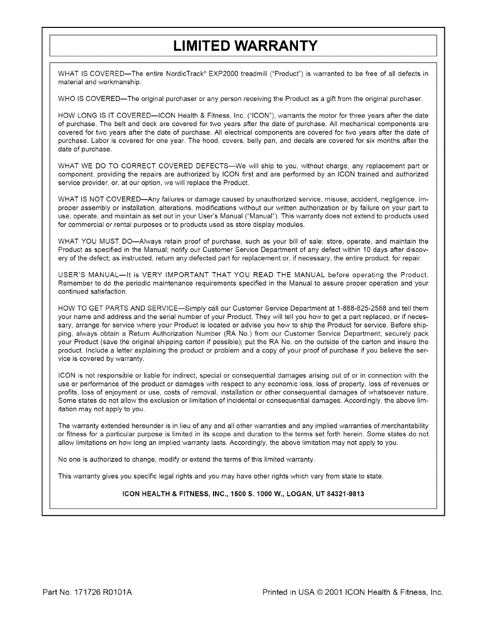 Limited warranty | NordicTrack EXP2000 NTTL11994 User Manual | Page 33 / 33