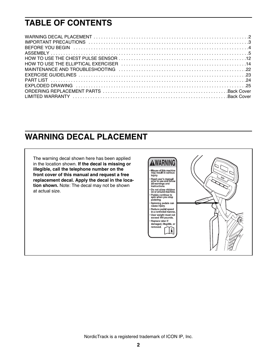 NordicTrack ELITE NTEL4255.0 User Manual | Page 2 / 28