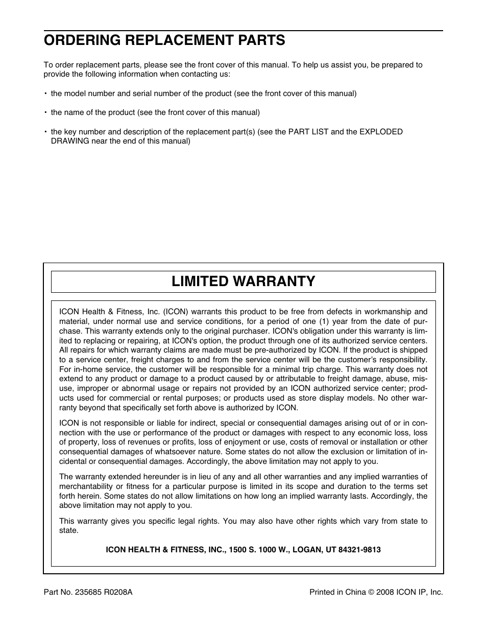 Limited warranty, Ordering replacement parts | NordicTrack ELITE NTEL4255.0 User Manual | Page 28 / 28