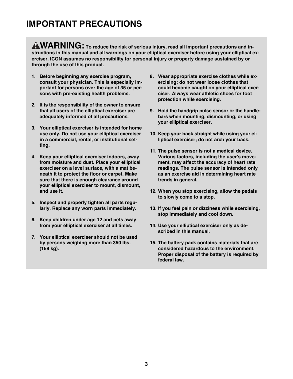 Warning, Important precautions | NordicTrack ELITE NTEL4255.0 User Manual | Page 3 / 28