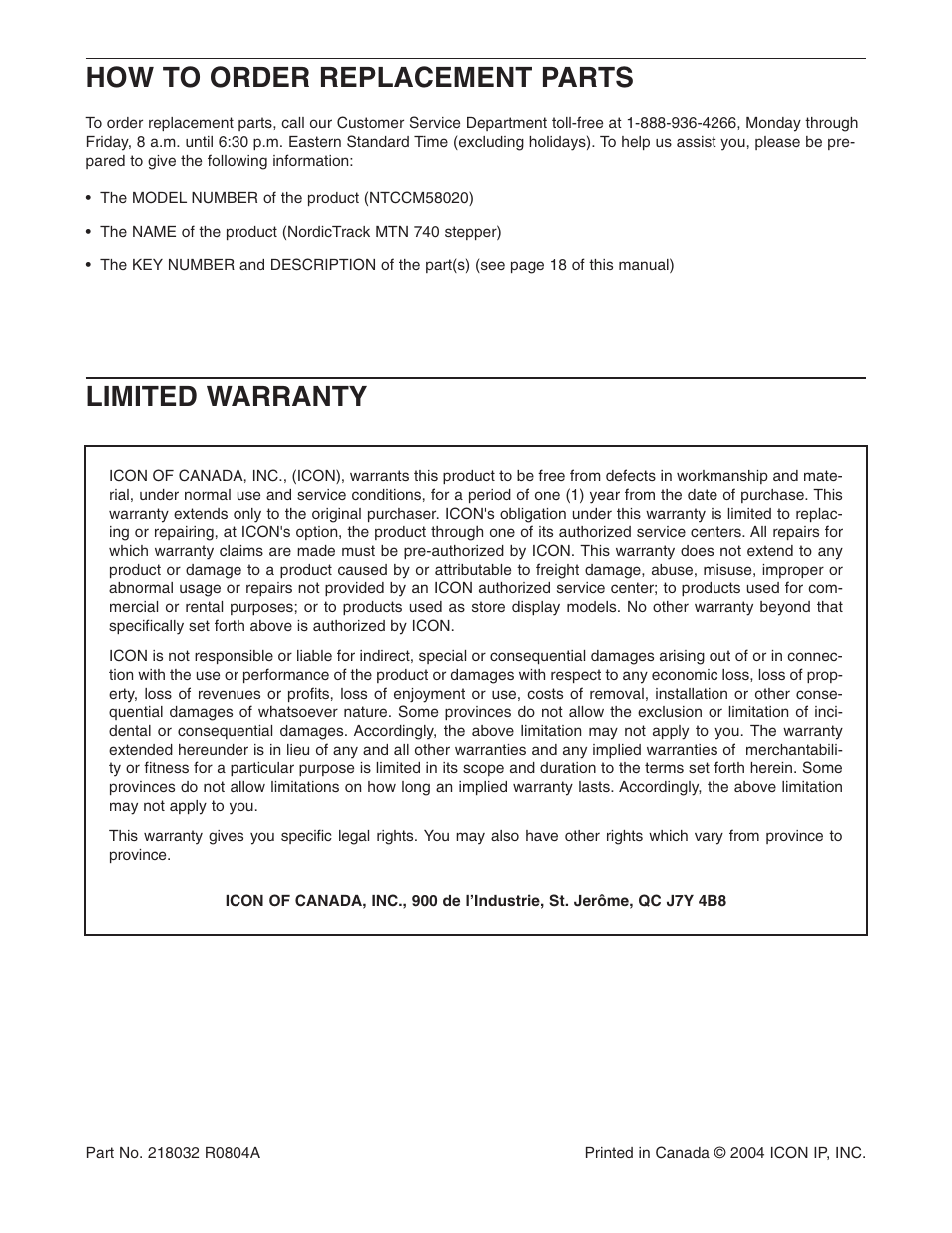 How to order replacement parts, Limited warranty | NordicTrack MTN 740 NTCCM58020 User Manual | Page 20 / 20