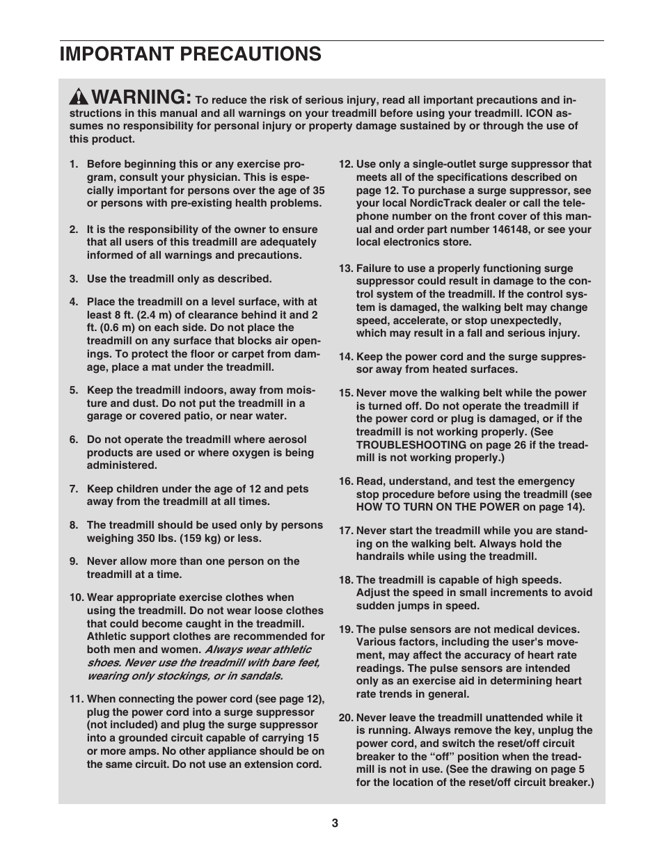 Warning, Important precautions | NordicTrack ELITE NTL19007.1 User Manual | Page 3 / 34