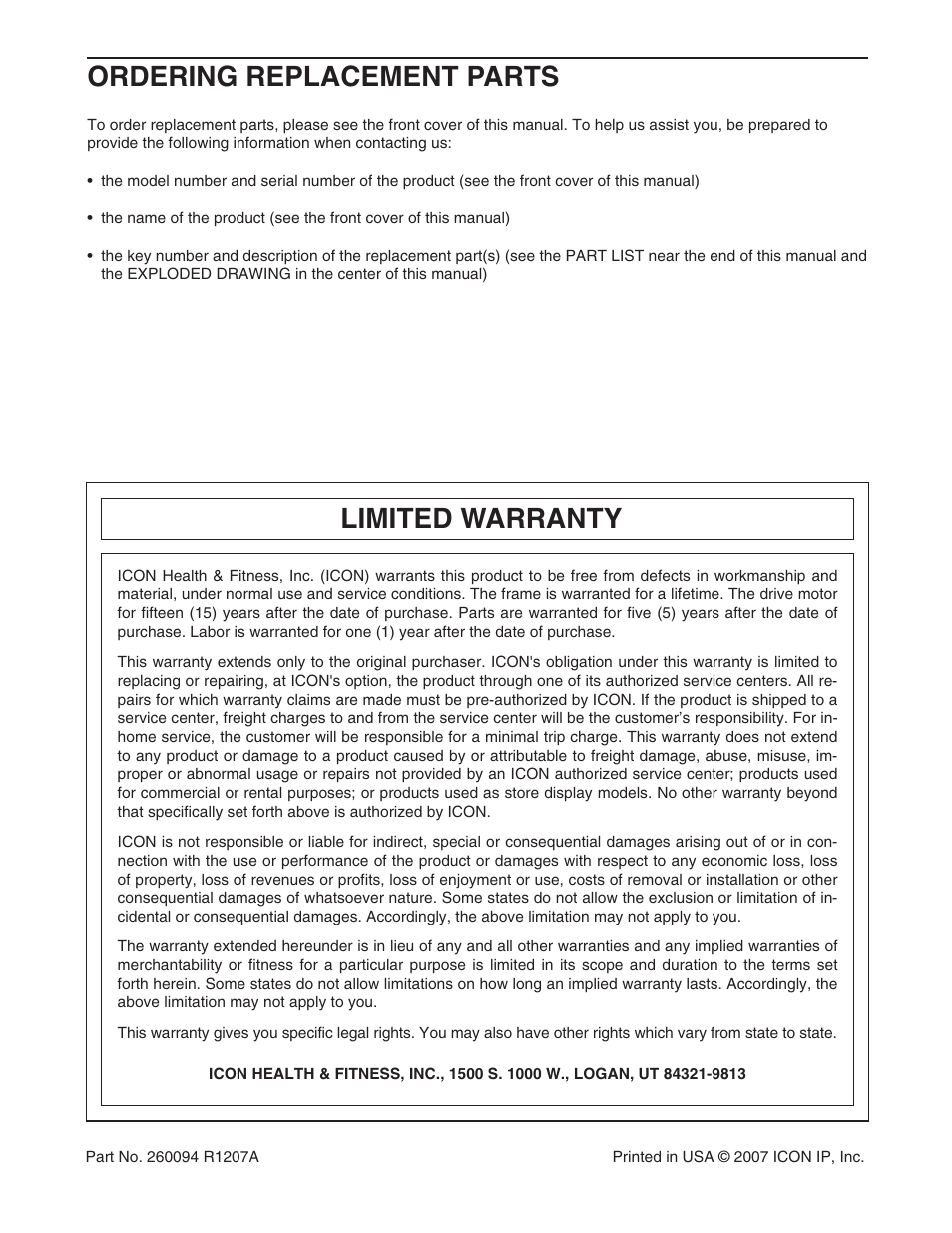 Limited warranty, Ordering replacement parts | NordicTrack ELITE NTL19007.1 User Manual | Page 34 / 34