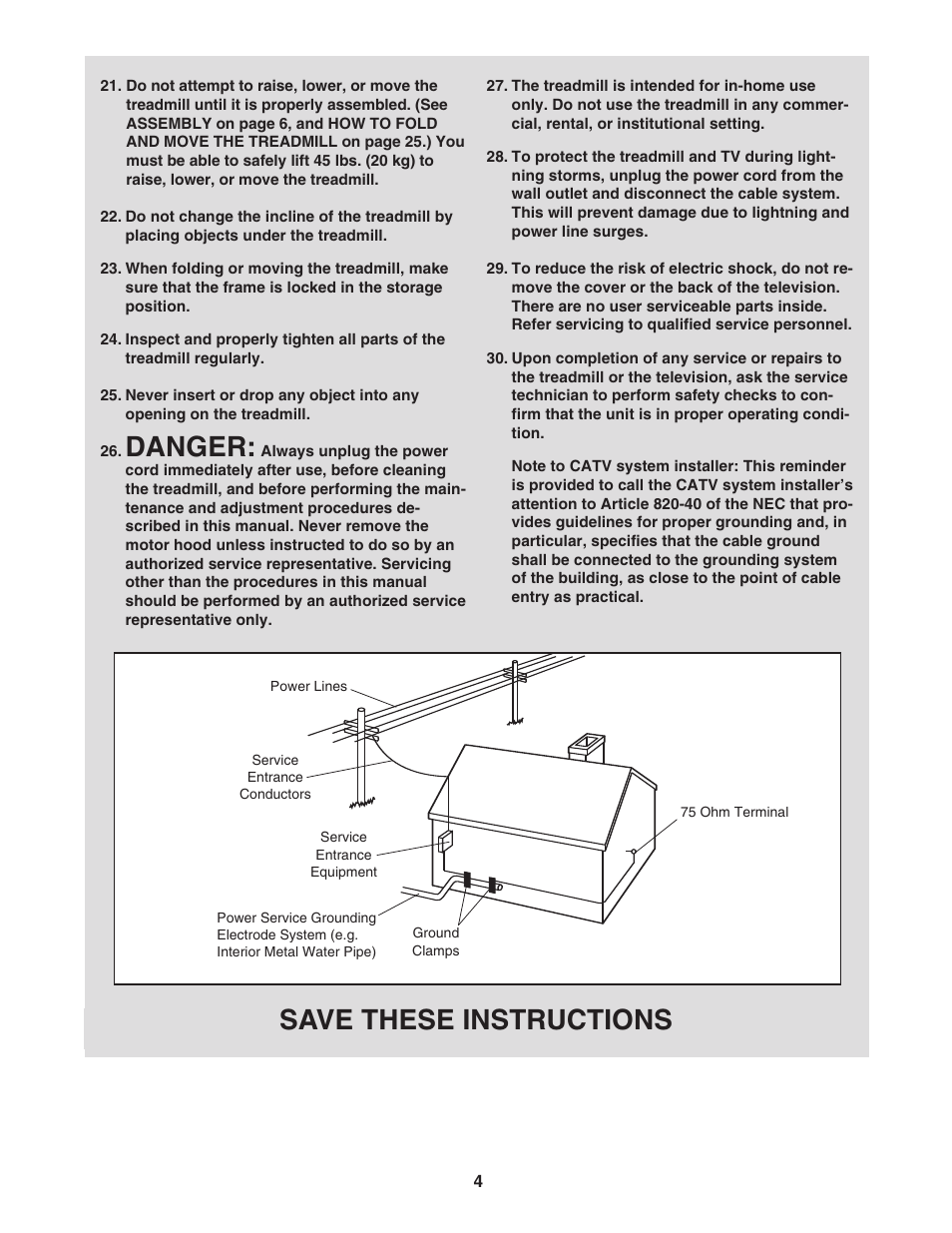 Danger, Save these instructions | NordicTrack ELITE NTL19007.1 User Manual | Page 4 / 34