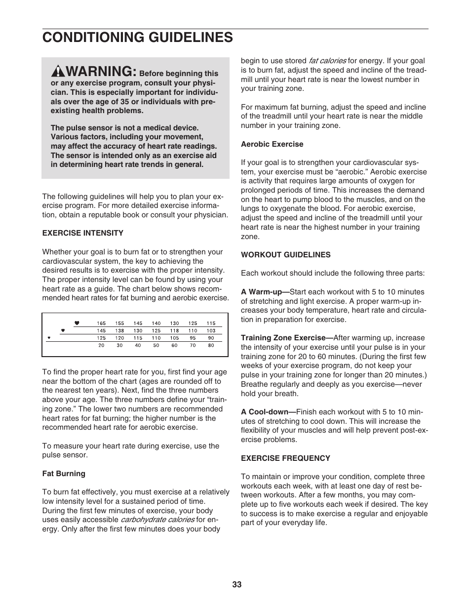 Conditioning guidelines, Warning | NordicTrack 30505.0 User Manual | Page 33 / 38