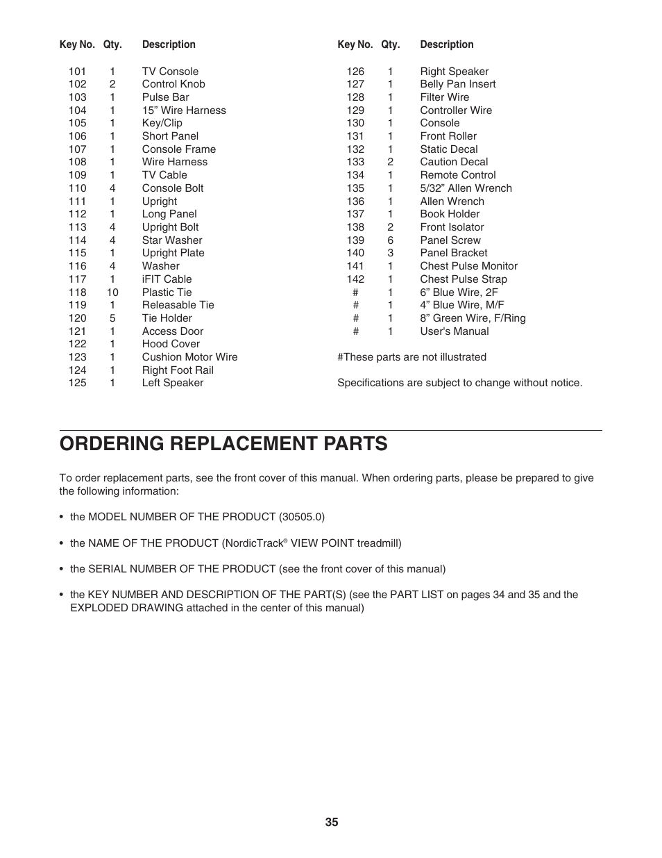 Ordering replacement parts | NordicTrack 30505.0 User Manual | Page 35 / 38