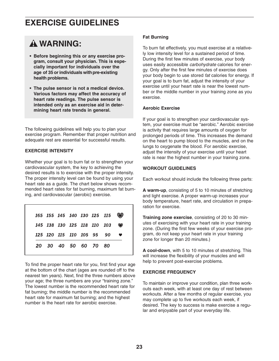 Warning, Exercise guidelines | NordicTrack NTCCC69023 User Manual | Page 23 / 28