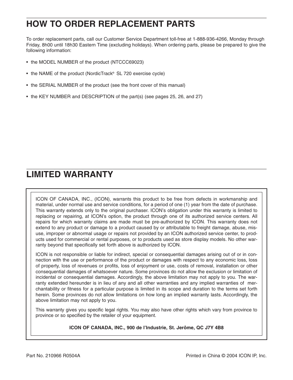 Limited warranty how to order replacement parts | NordicTrack NTCCC69023 User Manual | Page 28 / 28