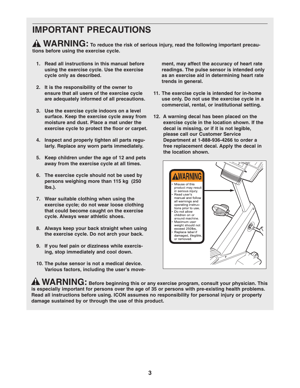 Important precautions warning, Warning | NordicTrack NTCCC69023 User Manual | Page 3 / 28