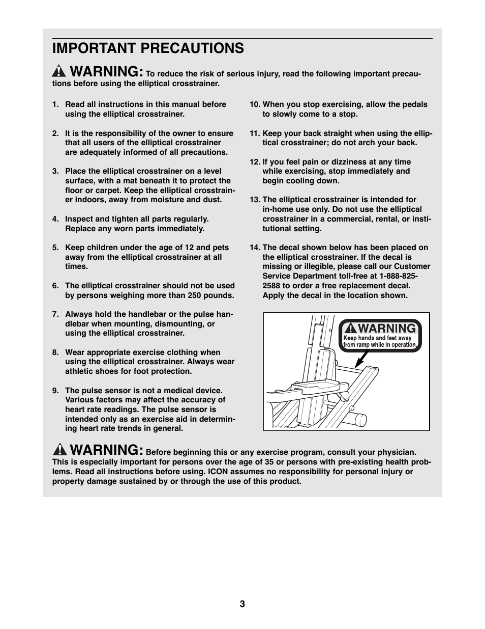Important precautions warning, Warning | NordicTrack NTEL11990 User Manual | Page 3 / 24