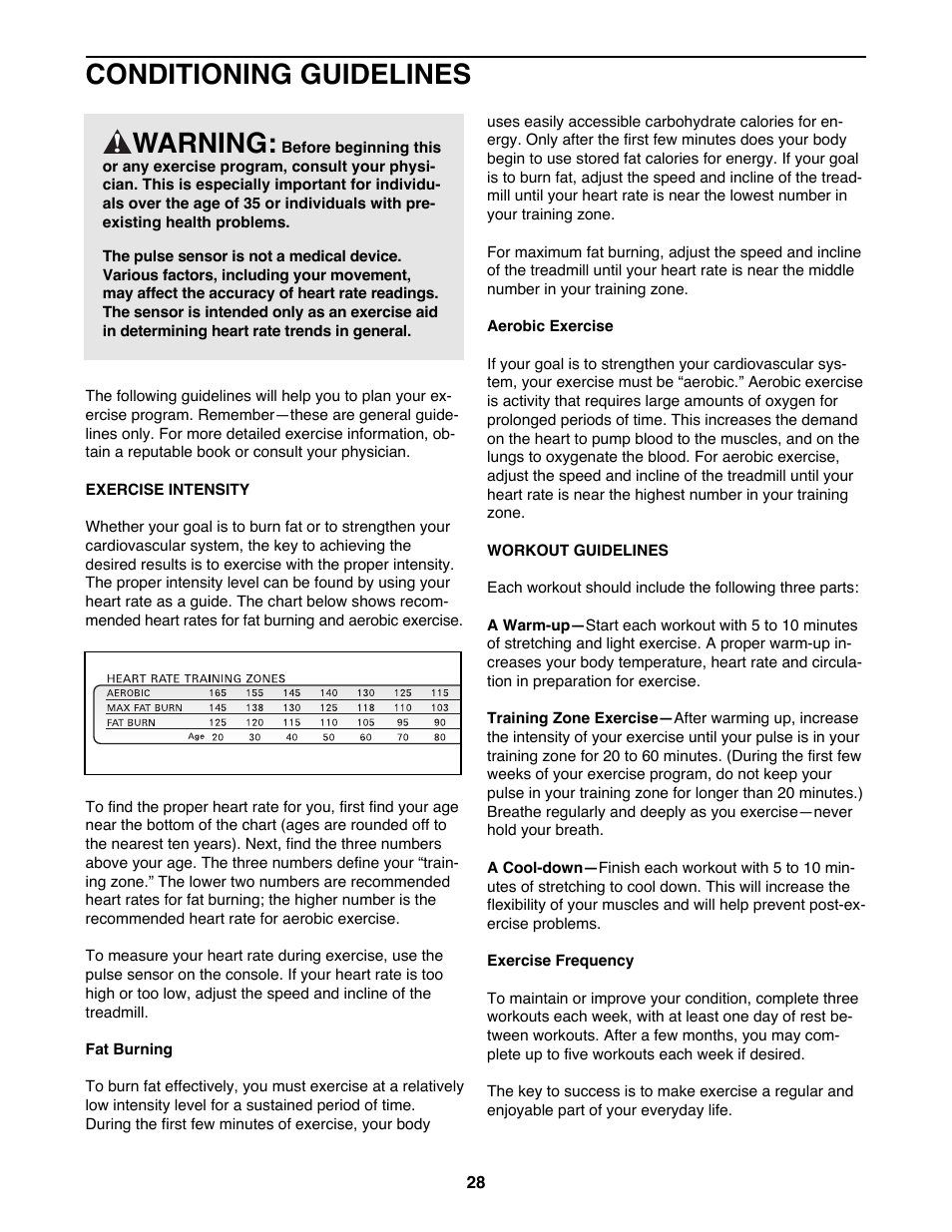 Conditioning guidelines, Warning | NordicTrack NTTL11993 User Manual | Page 28 / 34