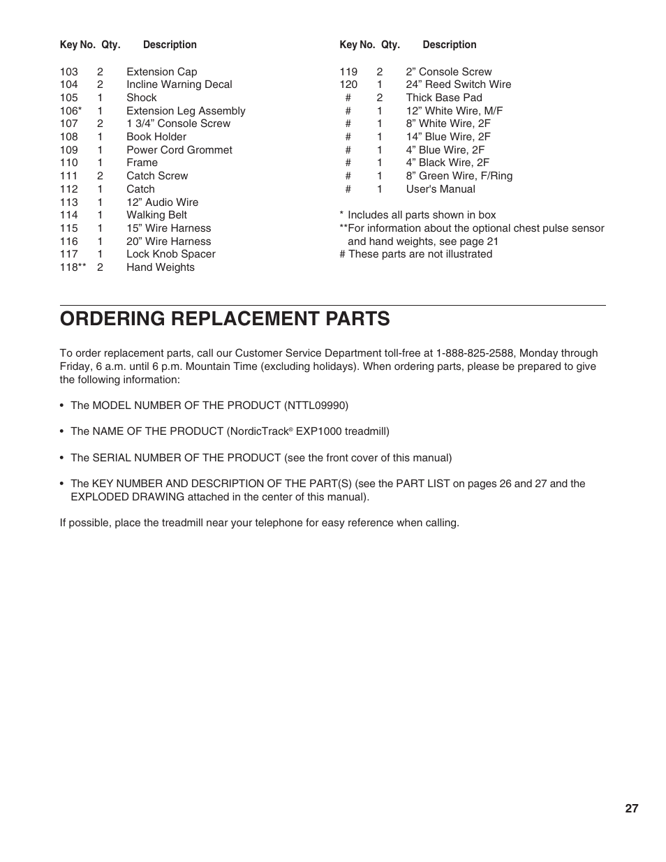 Ordering replacement parts | NordicTrack EXP1000 NTTL09990 User Manual | Page 27 / 30