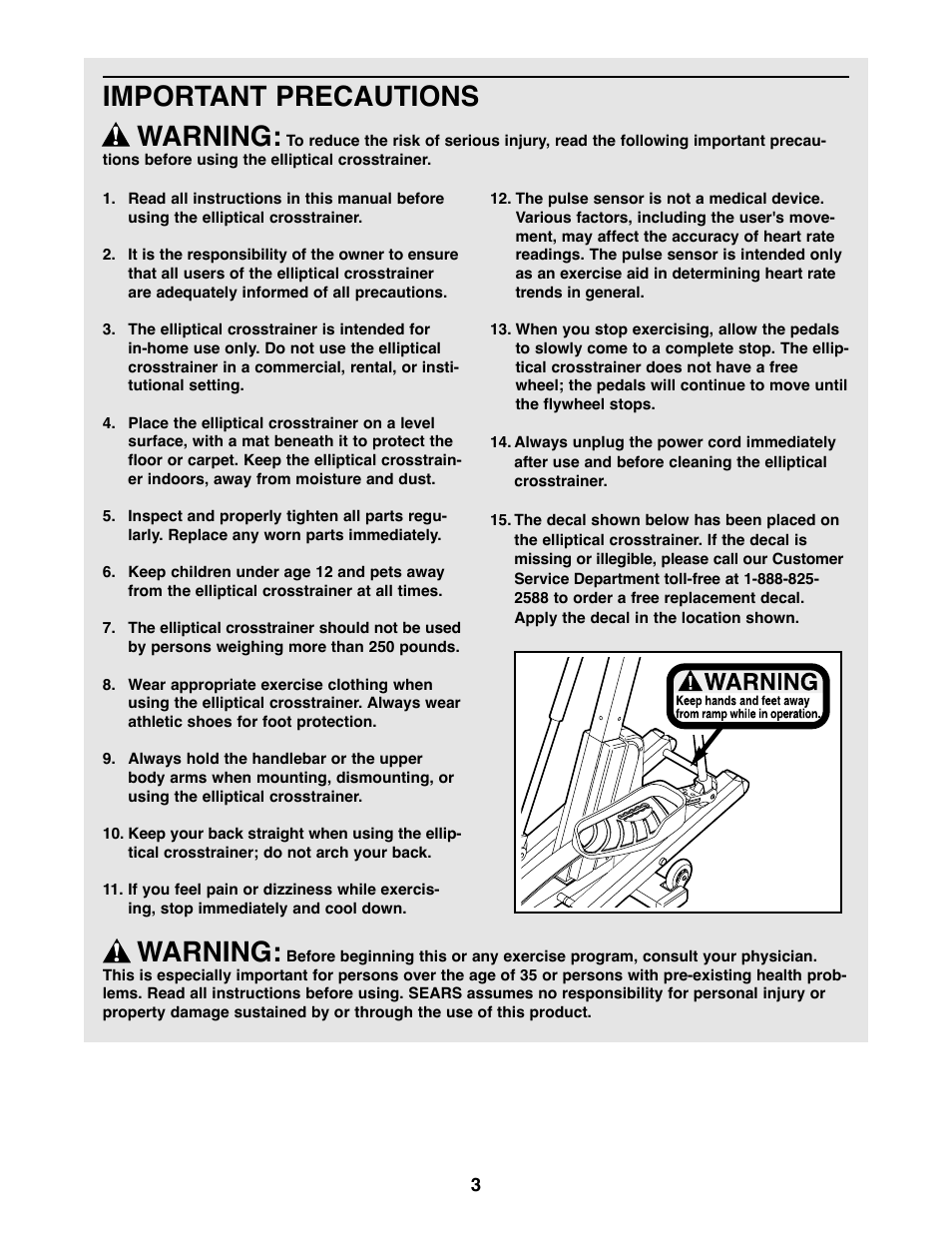 Important precautions warning, Warning | NordicTrack 831.298650 User Manual | Page 3 / 24