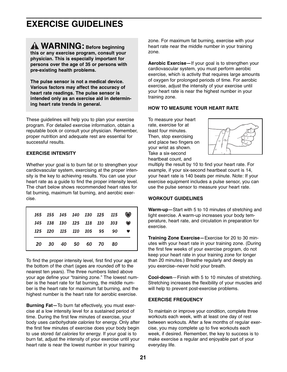 Exercise guidelines warning | NordicTrack ASR 630 831.23765.0 User Manual | Page 20 / 28