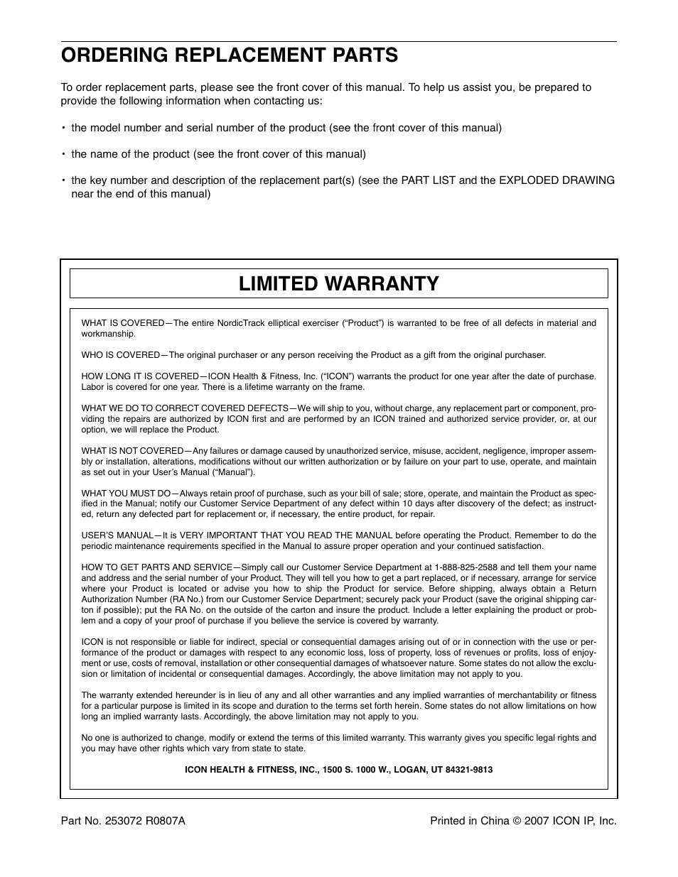 Ordering replacement parts, Limited warranty | NordicTrack ASR 630 831.23765.0 User Manual | Page 28 / 28