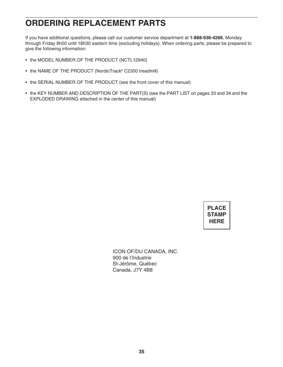 Ordering replacement parts | NordicTrack C 2300 NCTL12940 User Manual | Page 35 / 38