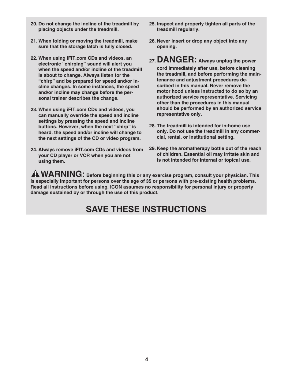 Save these instructions, Danger, Warning | NordicTrack C 2300 NCTL12940 User Manual | Page 4 / 38