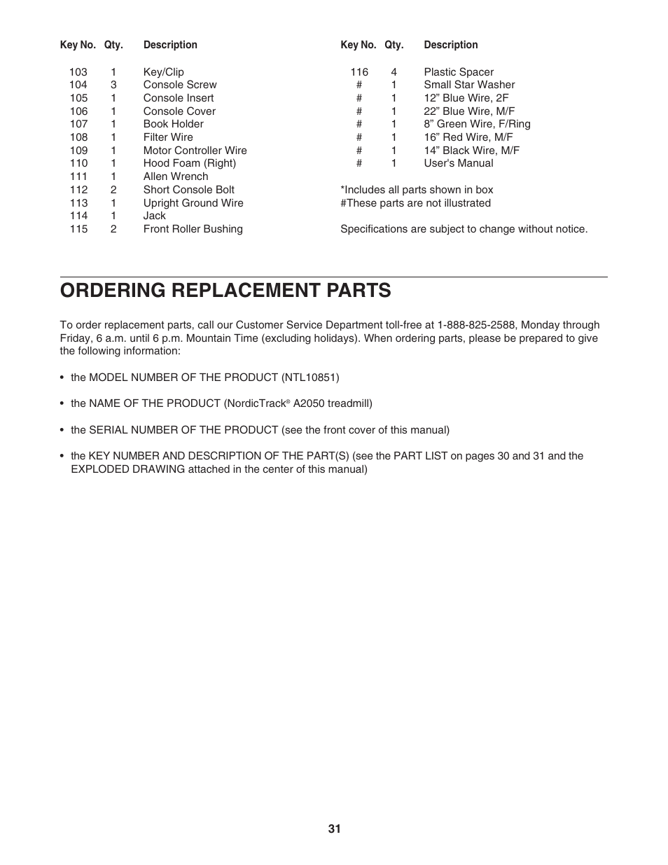 Ordering replacement parts | NordicTrack NTL10851 User Manual | Page 31 / 34