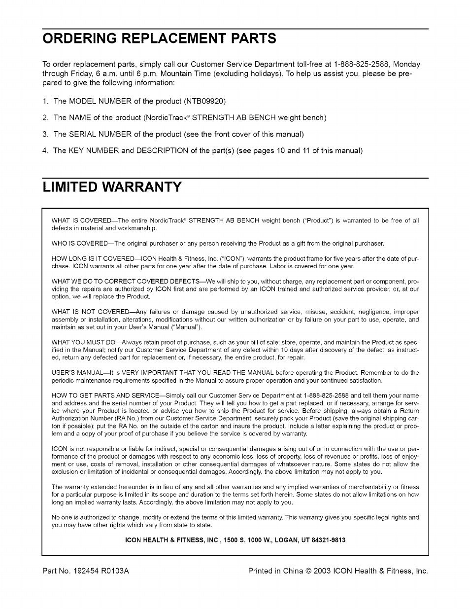 Ordering replacement parts, Limited warranty | NordicTrack NTB09920 User Manual | Page 12 / 12