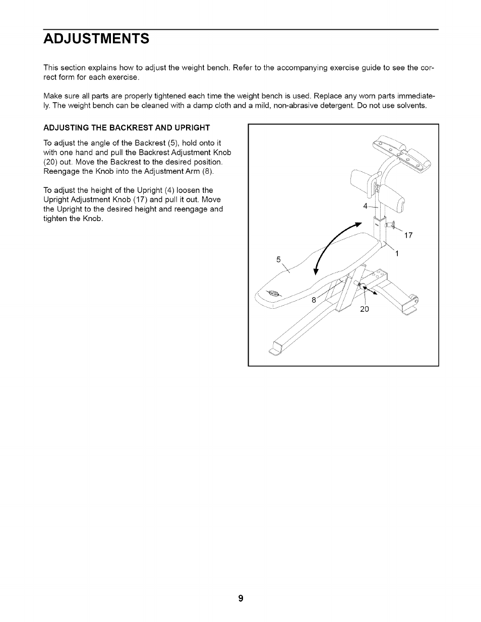 Adjustments, Adjusting the backrest and upright | NordicTrack NTB09920 User Manual | Page 9 / 12