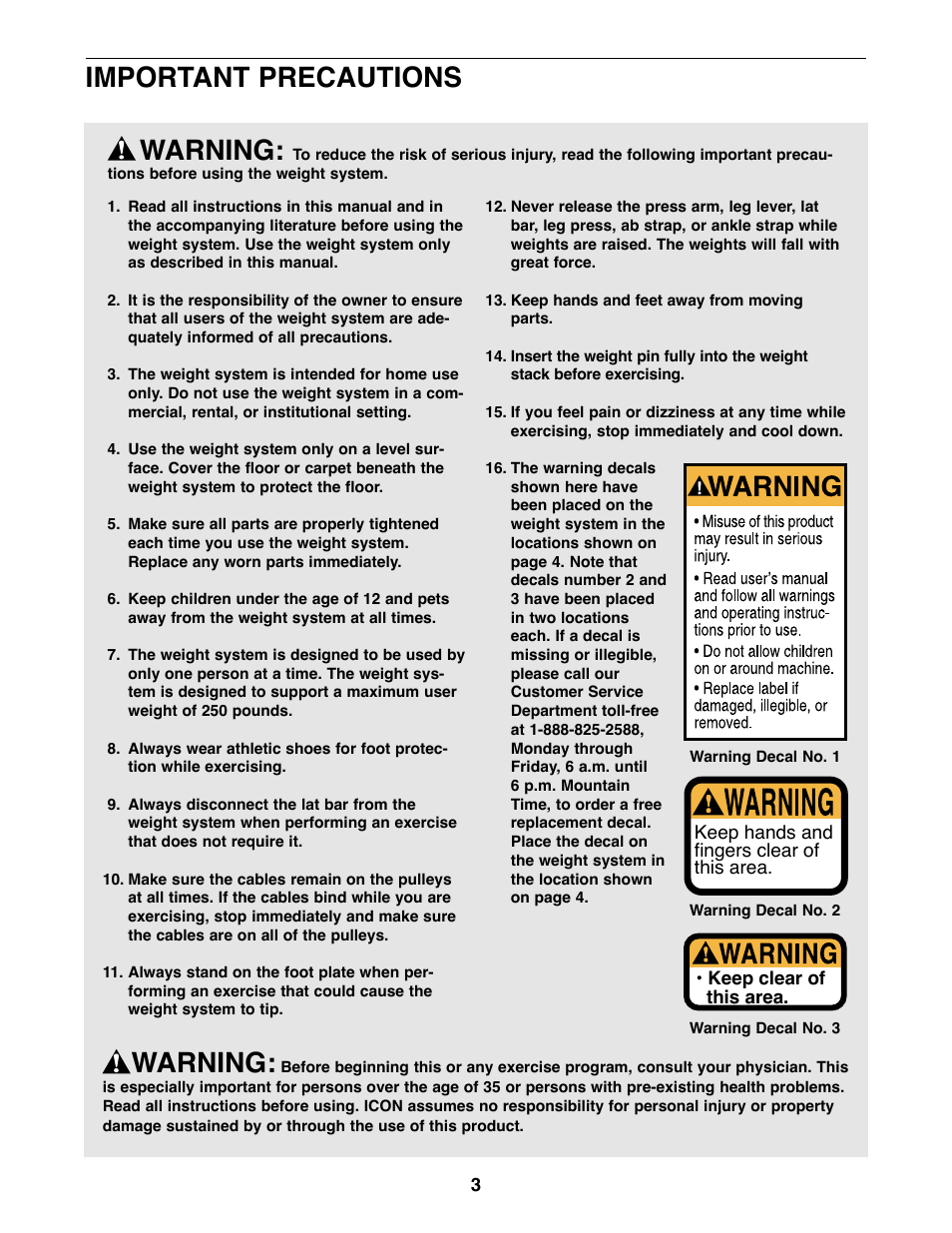 Warning, Important precautions | NordicTrack 831.159770 User Manual | Page 3 / 35