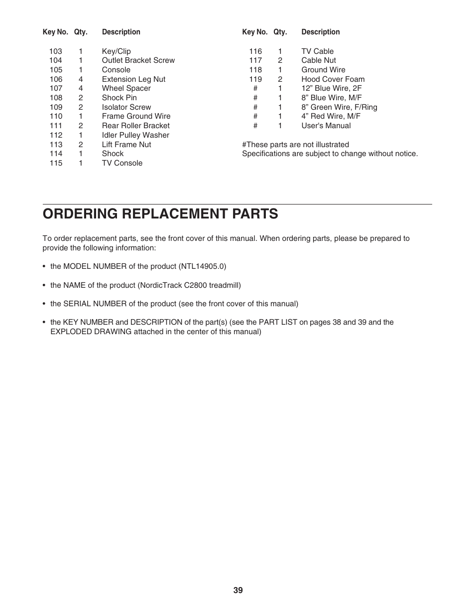 Ordering replacement parts | NordicTrack ViewPoint NTL14905.0 User Manual | Page 39 / 42