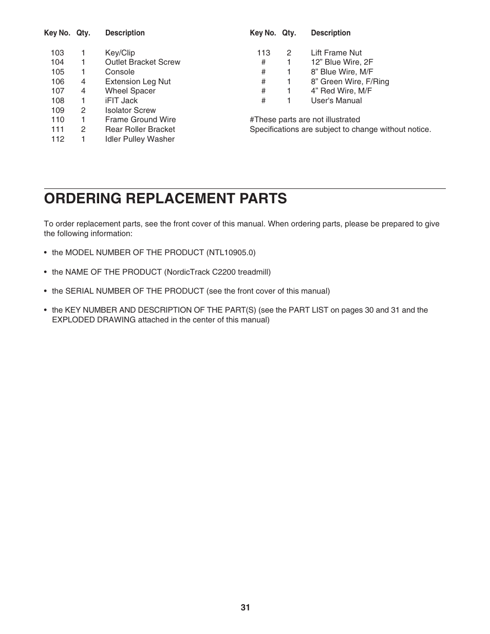 Ordering replacement parts | NordicTrack NTL10905.0 User Manual | Page 31 / 34