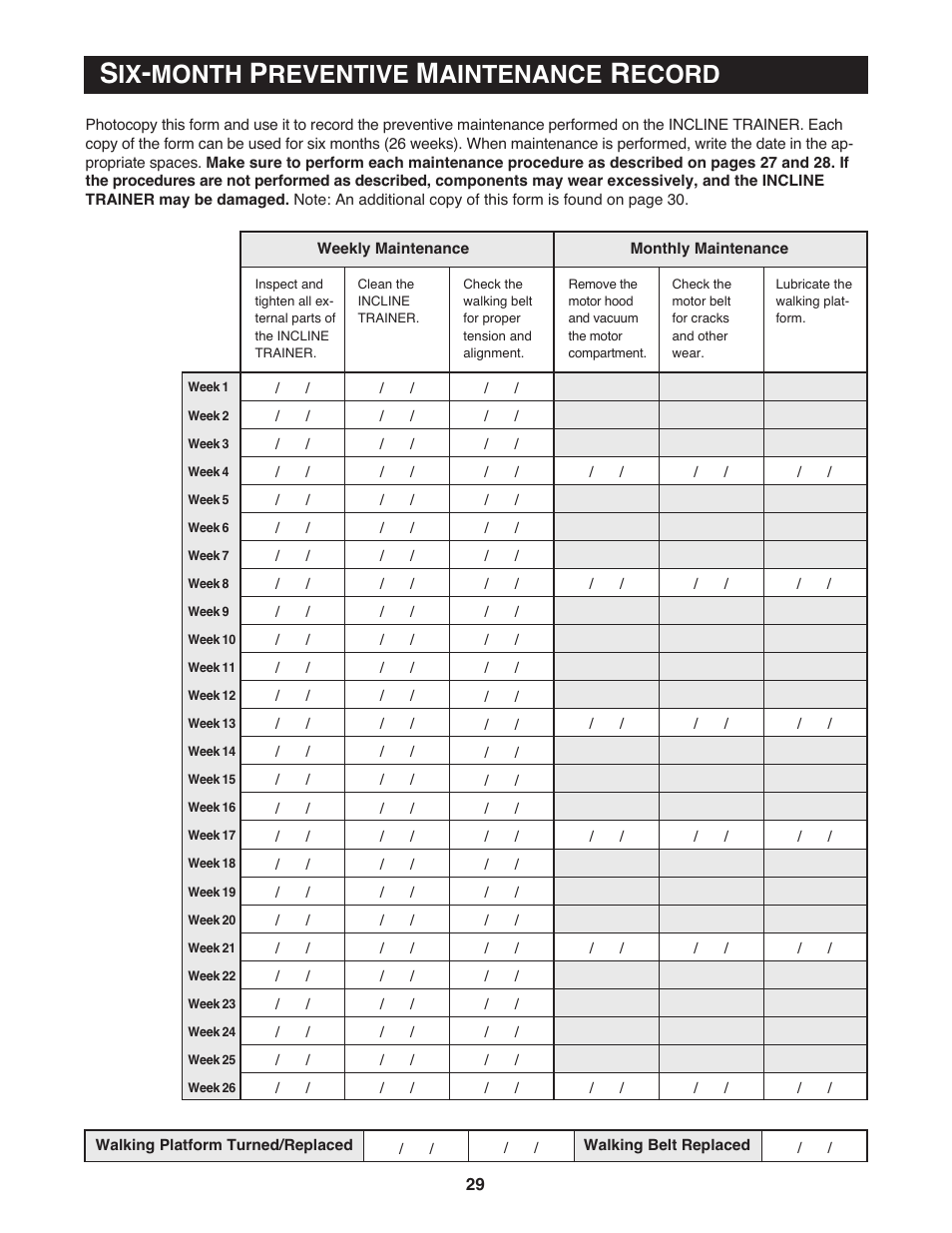Month, Reventive, Aintenance | Ecord | NordicTrack Incline Trainer 9800 User Manual | Page 30 / 43