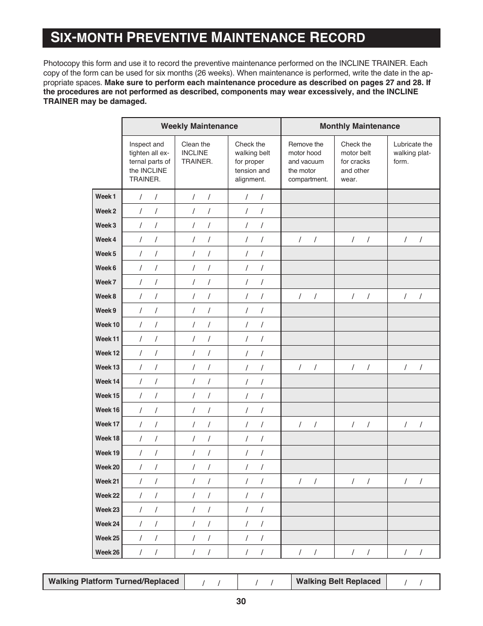 Month, Reventive, Aintenance | Ecord | NordicTrack Incline Trainer 9800 User Manual | Page 31 / 43