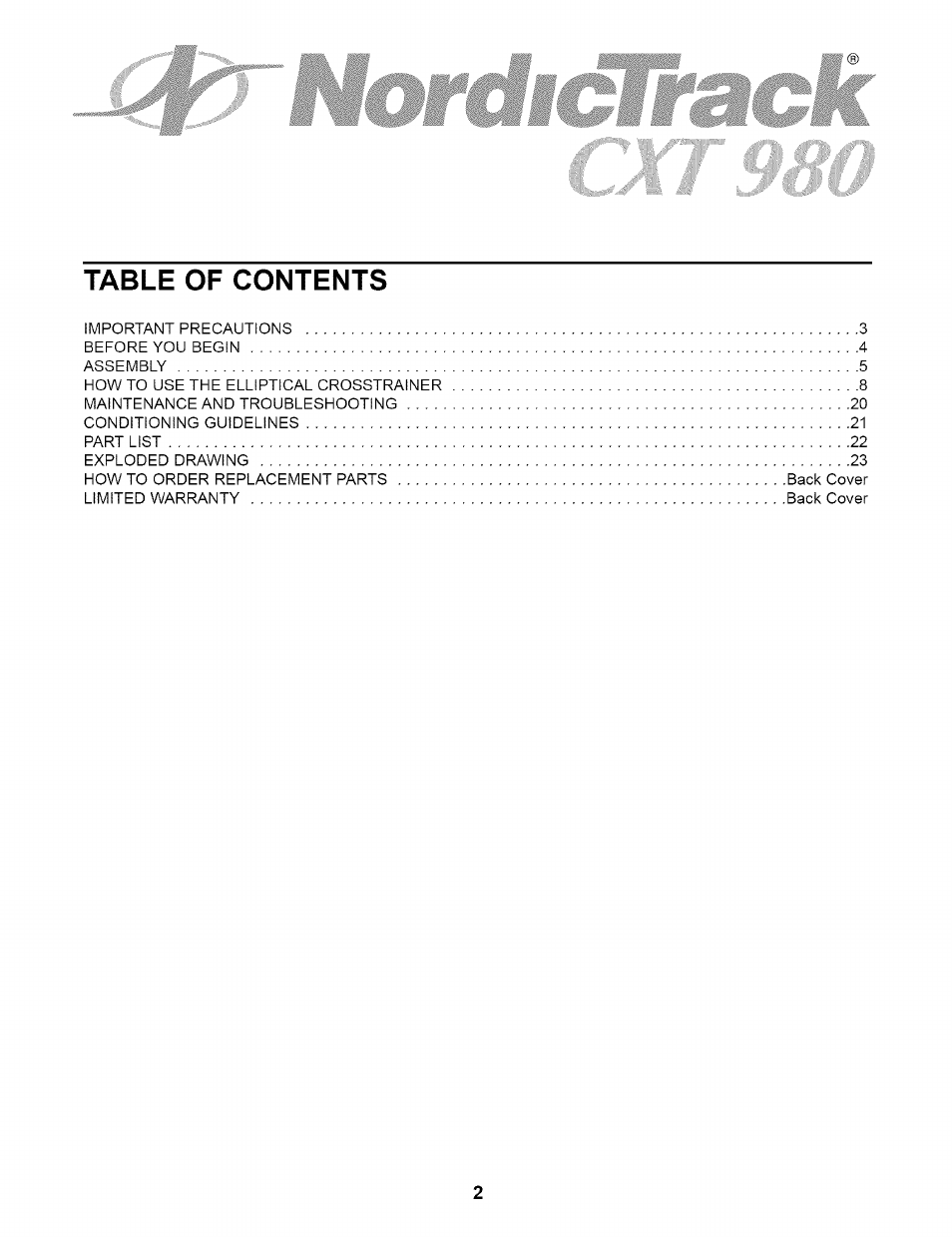 NordicTrack CXT 980 831.298651 User Manual | Page 2 / 24