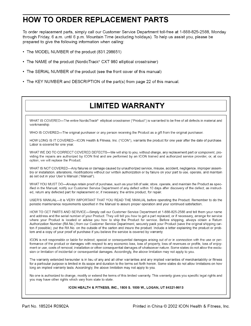 How to order replacement parts, Limited warranty | NordicTrack CXT 980 831.298651 User Manual | Page 24 / 24