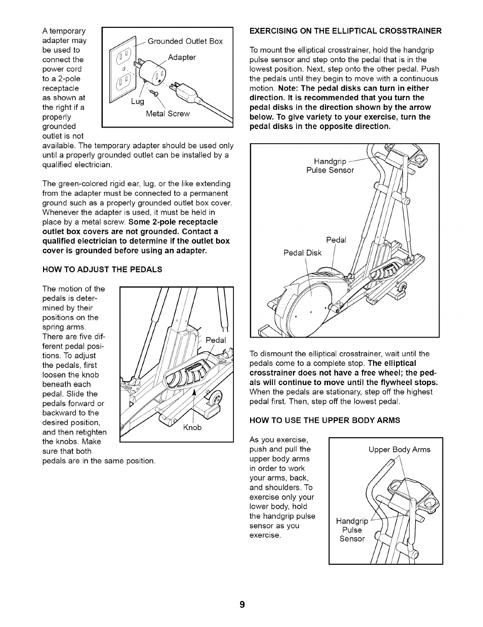 How to adjust the pedals, Exercising on the elliptical crosstrainer, How to use the upper body arms | NordicTrack CXT 980 831.298651 User Manual | Page 9 / 24