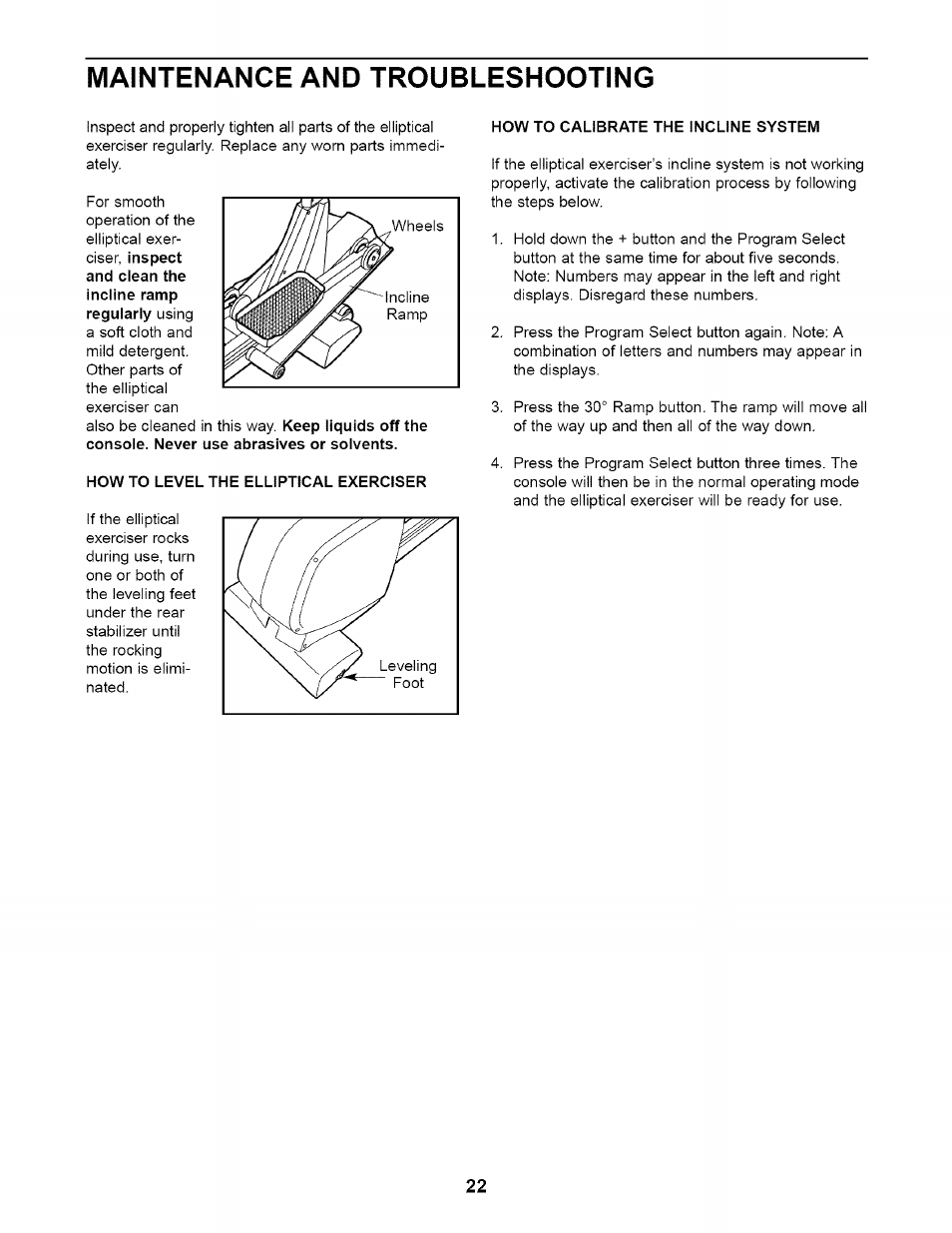 Maintenance and troubleshooting, How to level the elliptical exerciser, How to calibrate the incline system | NordicTrack NTE11920 User Manual | Page 22 / 28