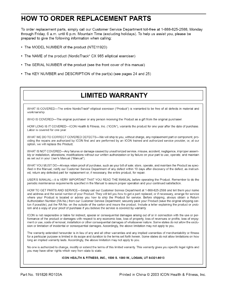 How to order replacement parts, Limited warranty | NordicTrack NTE11920 User Manual | Page 28 / 28