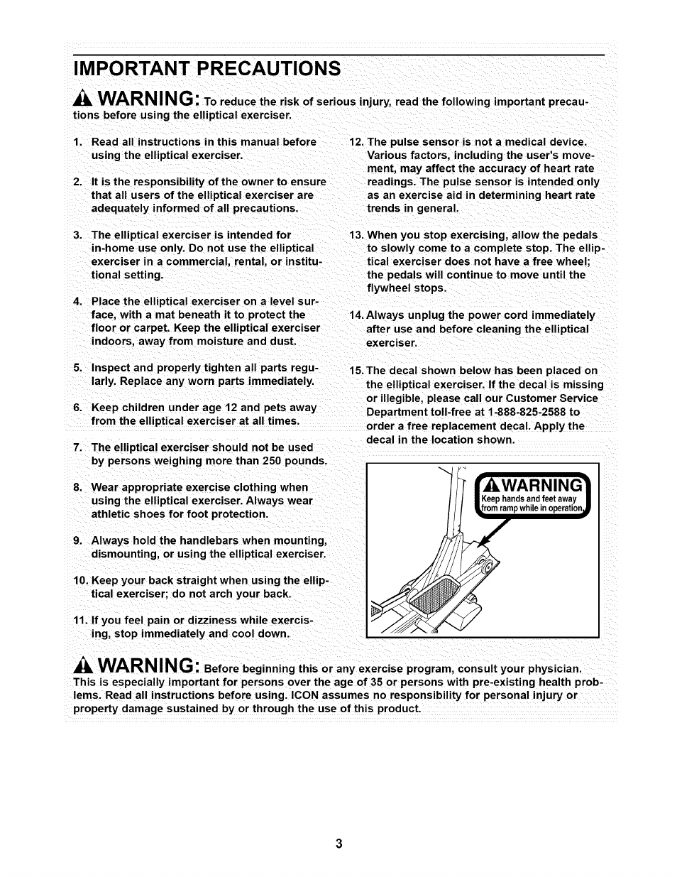 Important pregautions, Important precautions, Important pregautions awarning | Awarning | NordicTrack NTE11920 User Manual | Page 3 / 28