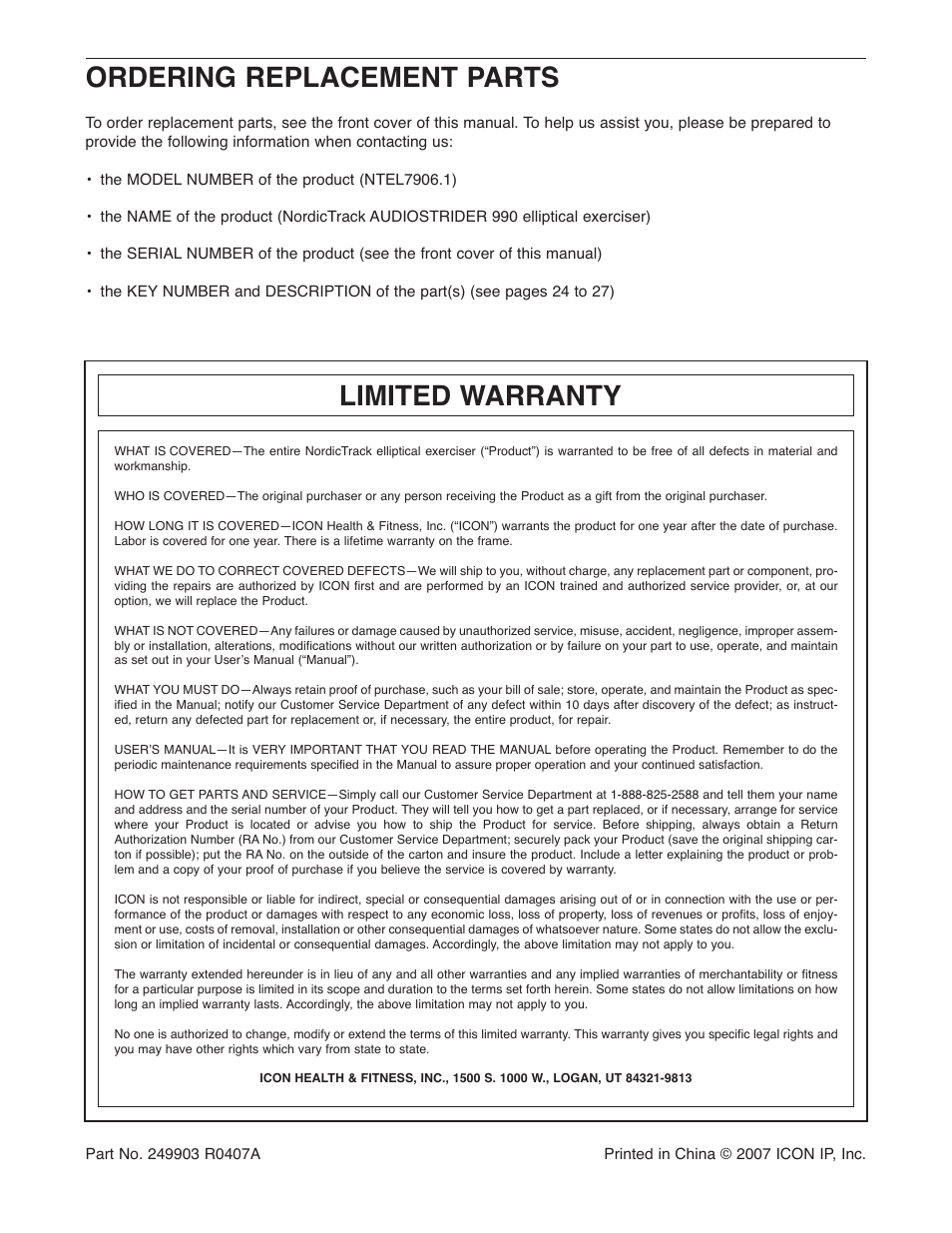 Ordering replacement parts, Limited warranty | NordicTrack AUDIOSTRIDER NTEL7906.1 User Manual | Page 28 / 28