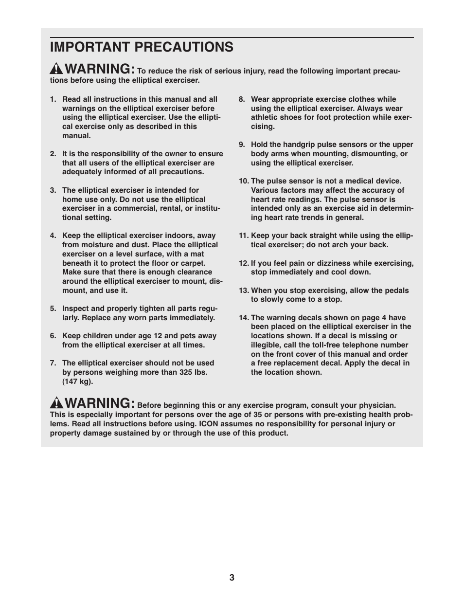 Important precautions warning, Warning | NordicTrack AUDIOSTRIDER NTEL7906.1 User Manual | Page 3 / 28