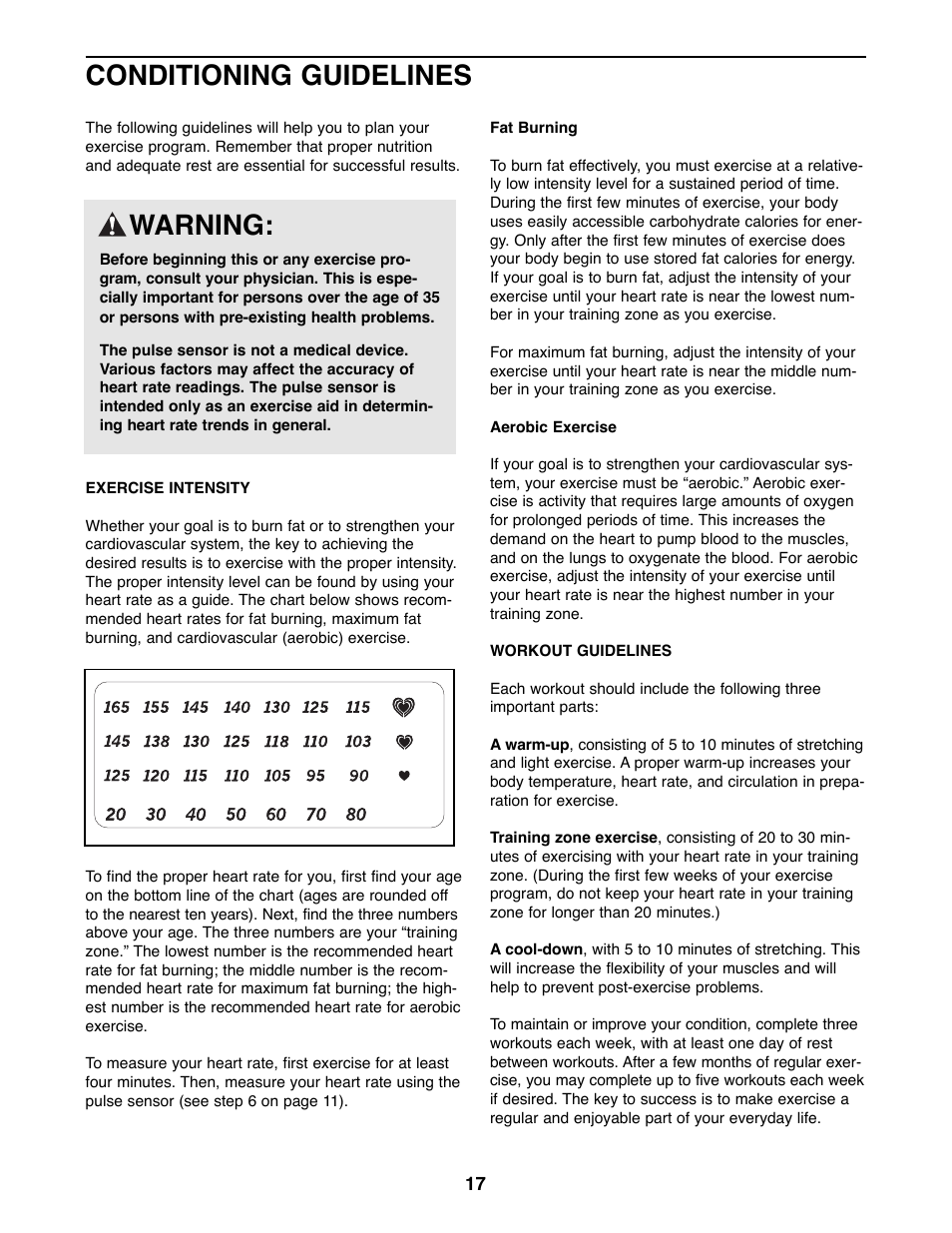 Conditioning guidelines, Warning | NordicTrack VGR940 NTEL08990 User Manual | Page 17 / 20