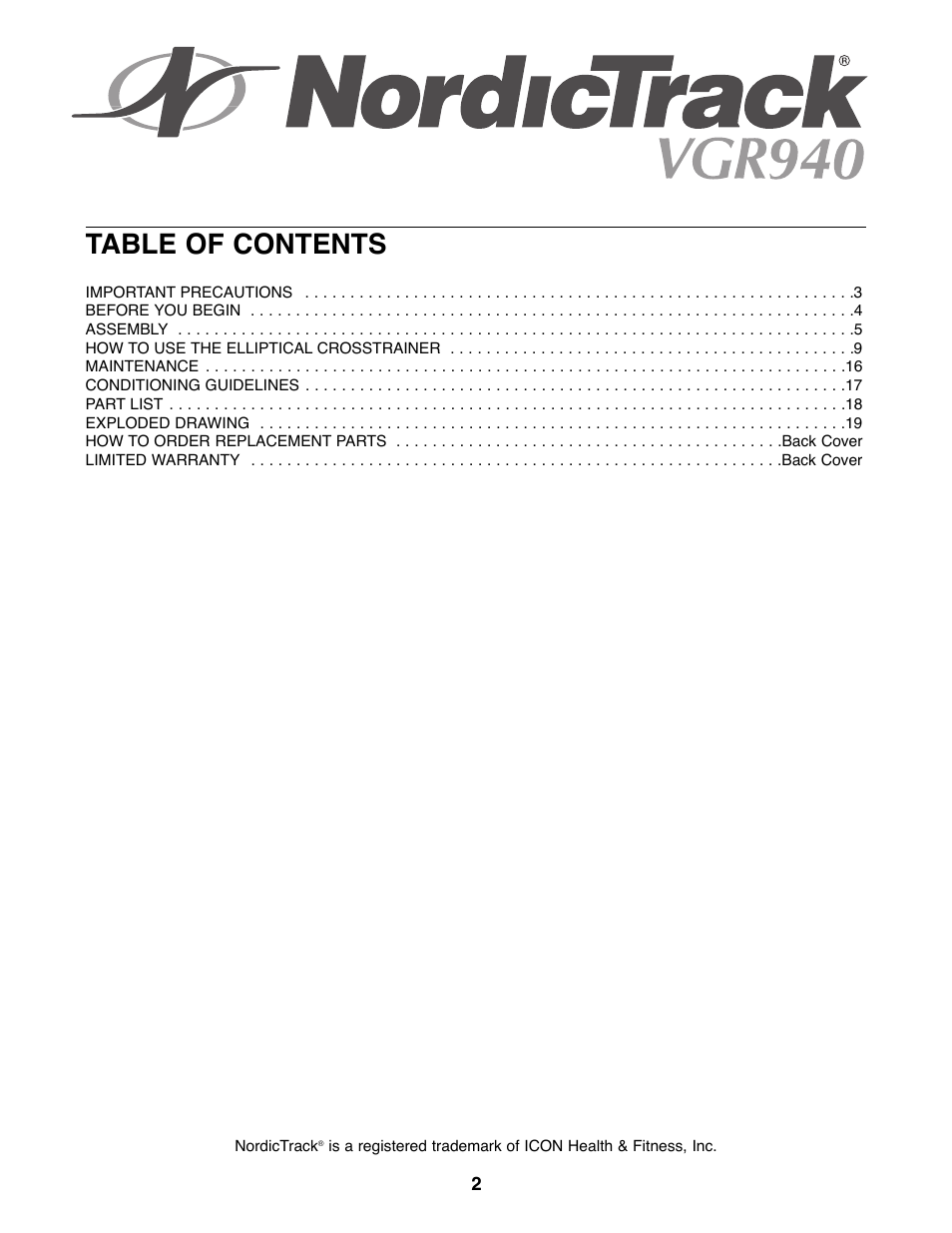 NordicTrack VGR940 NTEL08990 User Manual | Page 2 / 20