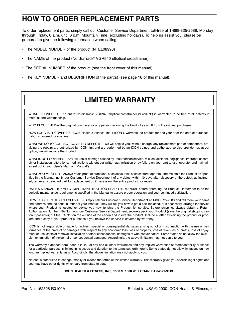 How to order replacement parts, Limited warranty | NordicTrack VGR940 NTEL08990 User Manual | Page 20 / 20