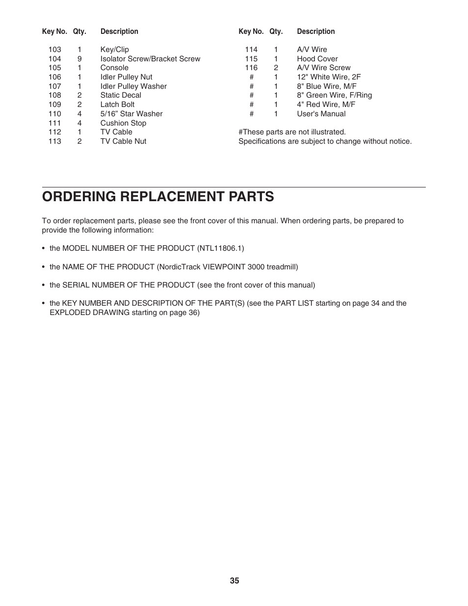 Ordering replacement parts | NordicTrack ViewPoint NTL11806.1 User Manual | Page 35 / 40