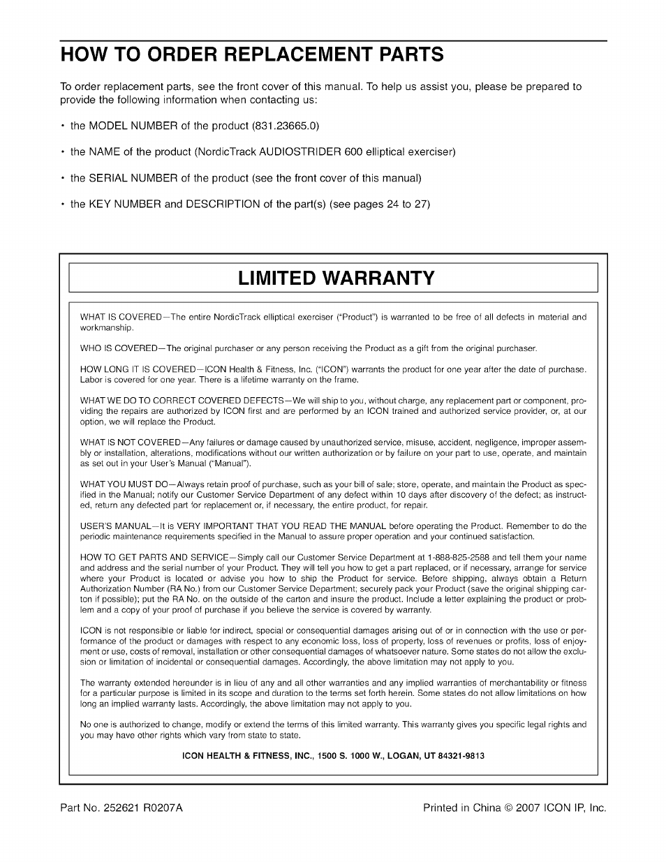 How to order replacement parts, Limited warranty | NordicTrack 831.23665.0 User Manual | Page 28 / 28