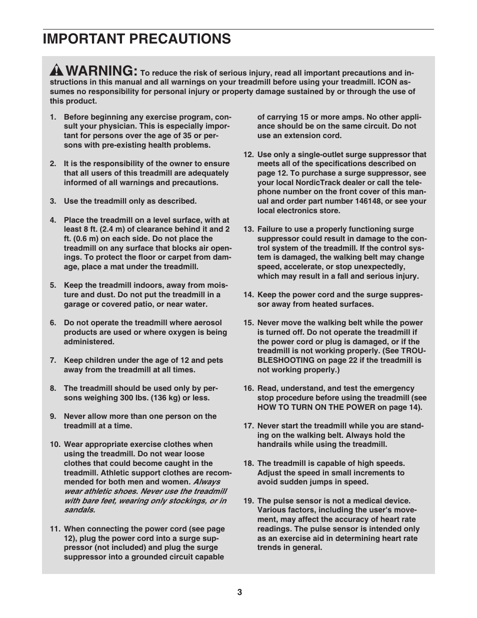 Warning, Important precautions | NordicTrack TREADMILL NTL07707.1 User Manual | Page 3 / 32