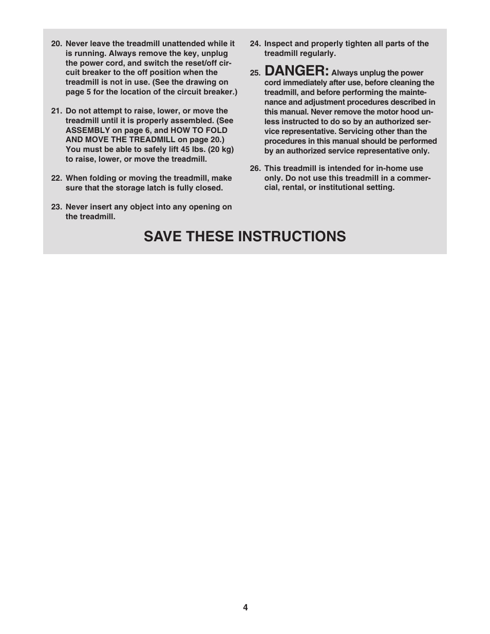 Danger, Save these instructions | NordicTrack TREADMILL NTL07707.1 User Manual | Page 4 / 32